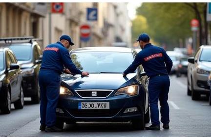 Techniciens en train de dépanner une voiture sur une route parisienne