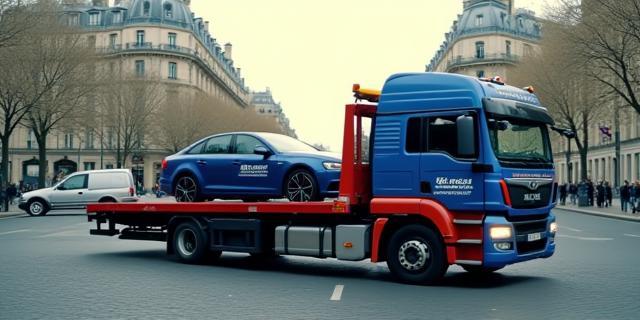 Camion de dépannage remorquant une voiture en centre-ville de Paris